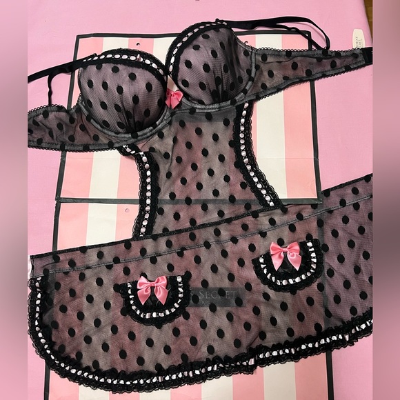 NWT Victoria’s Secret RARE SEXY LITTLE THINGS Black Dot Pink bows Apron 36C - Picture 2 of 4